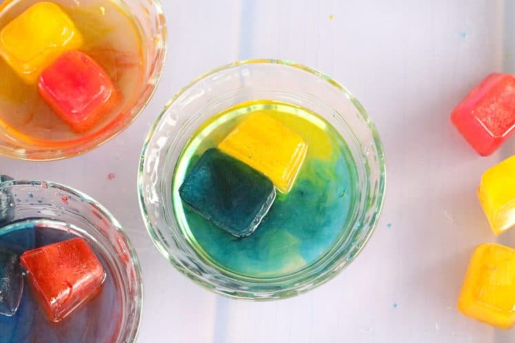 closeup of tray containing several clear dishes filled with water each containing two colored ice cubes
