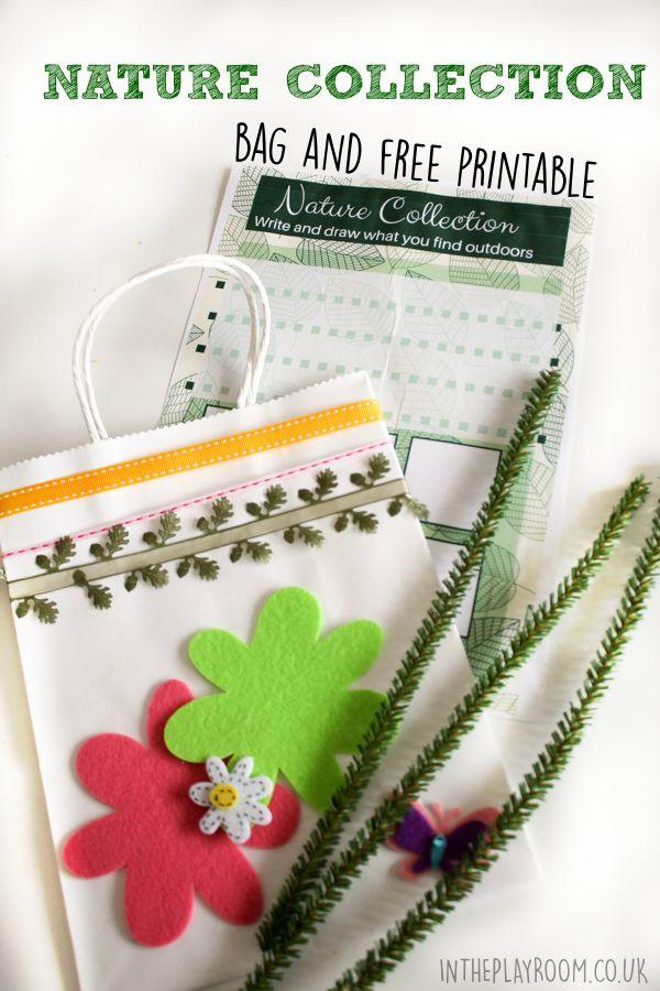 nature collection bag and free printable for kids to document their nature finds (leaves, stones, sticks, flowers etc)