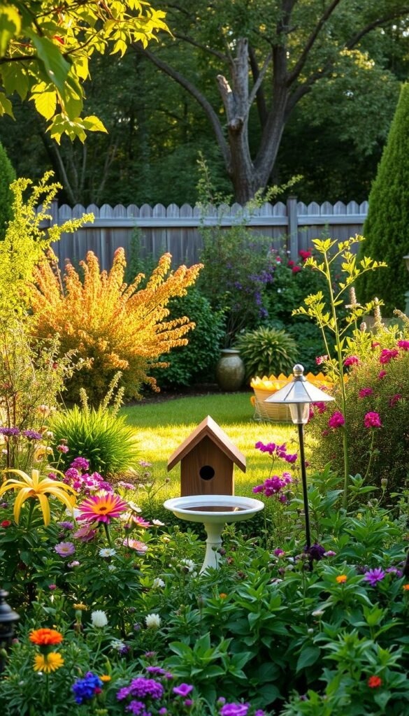 A lush, verdant backyard teeming with life. In the foreground, a birdhouse nestled amidst a profusion of flowering plants and shrubs, creating a welcoming habitat for feathered friends. A birdbath reflects the warm, golden sunlight, inviting birds to bathe and drink. The middle ground features a variety of native trees and bushes, their branches providing shelter and nesting sites. In the background, a picturesque wooden fence frames the scene, creating a sense of enclosure and tranquility. The overall atmosphere is one of serene beauty, where nature and human-made elements coexist in perfect harmony, providing a year-round haven for local avian species.