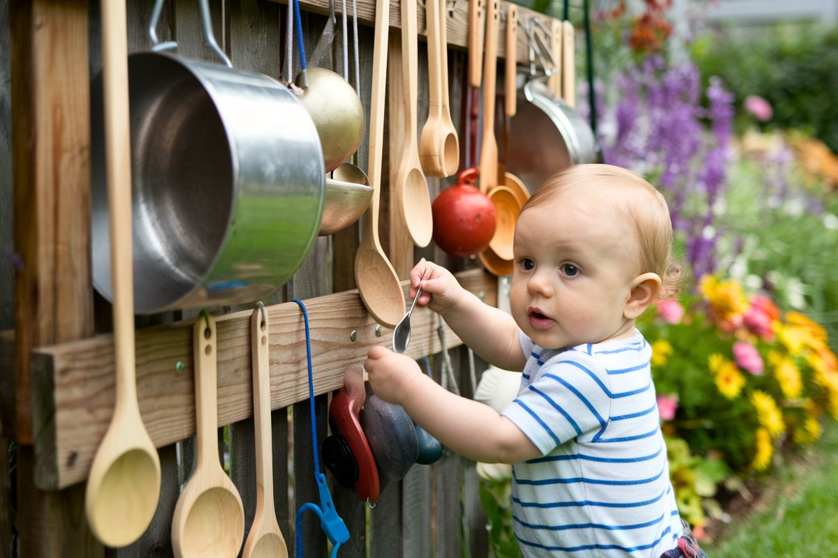 Baby playing at an outdoor music wall made of hanging pots, pans, and wooden spoons