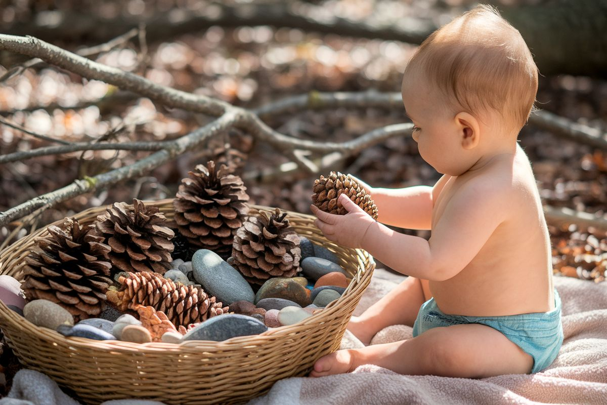 Baby sitting on a blanket, exploring a nature treasure basket filled with pine cones, rocks, and natural objects