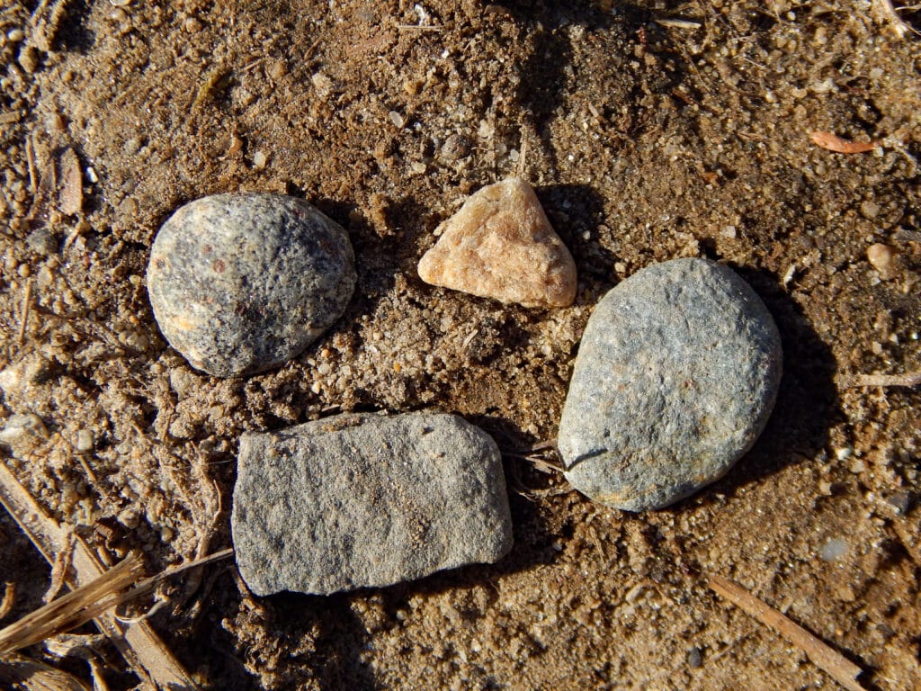 different shaped rocks in the dirt found outside