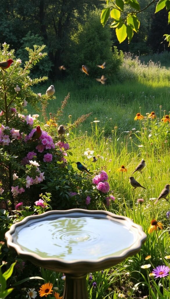 A lush, verdant backyard sanctuary teeming with native flora and fauna. In the foreground, a birdbath glistens under the soft, golden rays of the afternoon sun, inviting feathered visitors to bathe and quench their thirst. Lush, flowering shrubs and trees in the middle ground provide shelter and nesting sites for a variety of songbirds, their vibrant plumages flitting among the branches. In the background, a verdant meadow of wildflowers and grasses sways gently, creating a welcoming habitat for pollinators and small wildlife. The entire scene emanates a sense of tranquility and harmony, a serene oasis for birds and other backyard inhabitants to thrive.