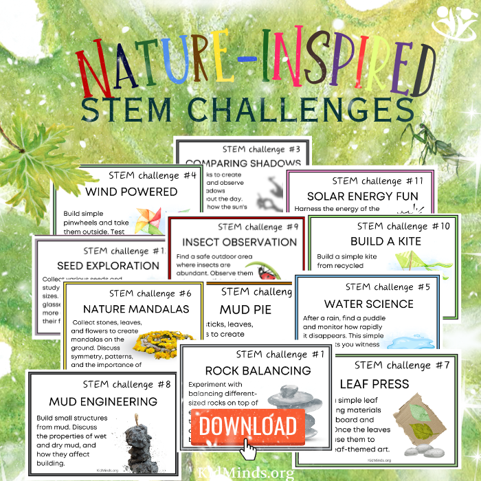 Let’s take our fun and learning outside with our printable nature-inspired STEM challenges.  #kidsactivities #naturescience #creativelearning #STEM #freedownload #scienceforkids #braingym #kidminds #funlearning #creativekids #criticalthinking #earlyeducation 