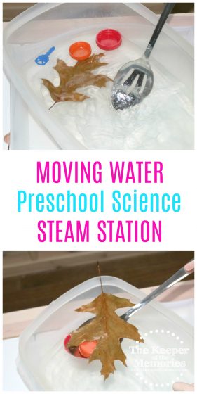 moving water sensory activity with text: Moving Water Preschool Science STEAM Station
