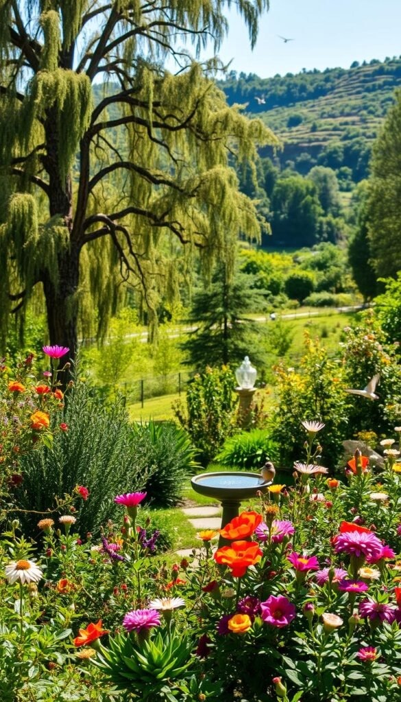 A lush, bird-friendly backyard oasis teeming with native flora and vibrant avian life. In the foreground, a mix of flowering plants and shrubs provide ample food and shelter for a variety of songbirds. Towering trees in the middle ground cast a warm, dappled light, their branches alive with the fluttering of wings. A birdbath glistens in the sunlight, inviting feathered visitors to bathe and quench their thirst. In the background, a verdant, layered landscape creates a sense of depth and seclusion, a peaceful haven for the backyard birdwatcher. Captured with a wide-angle lens to showcase the harmonious integration of nature and human-scaled spaces.